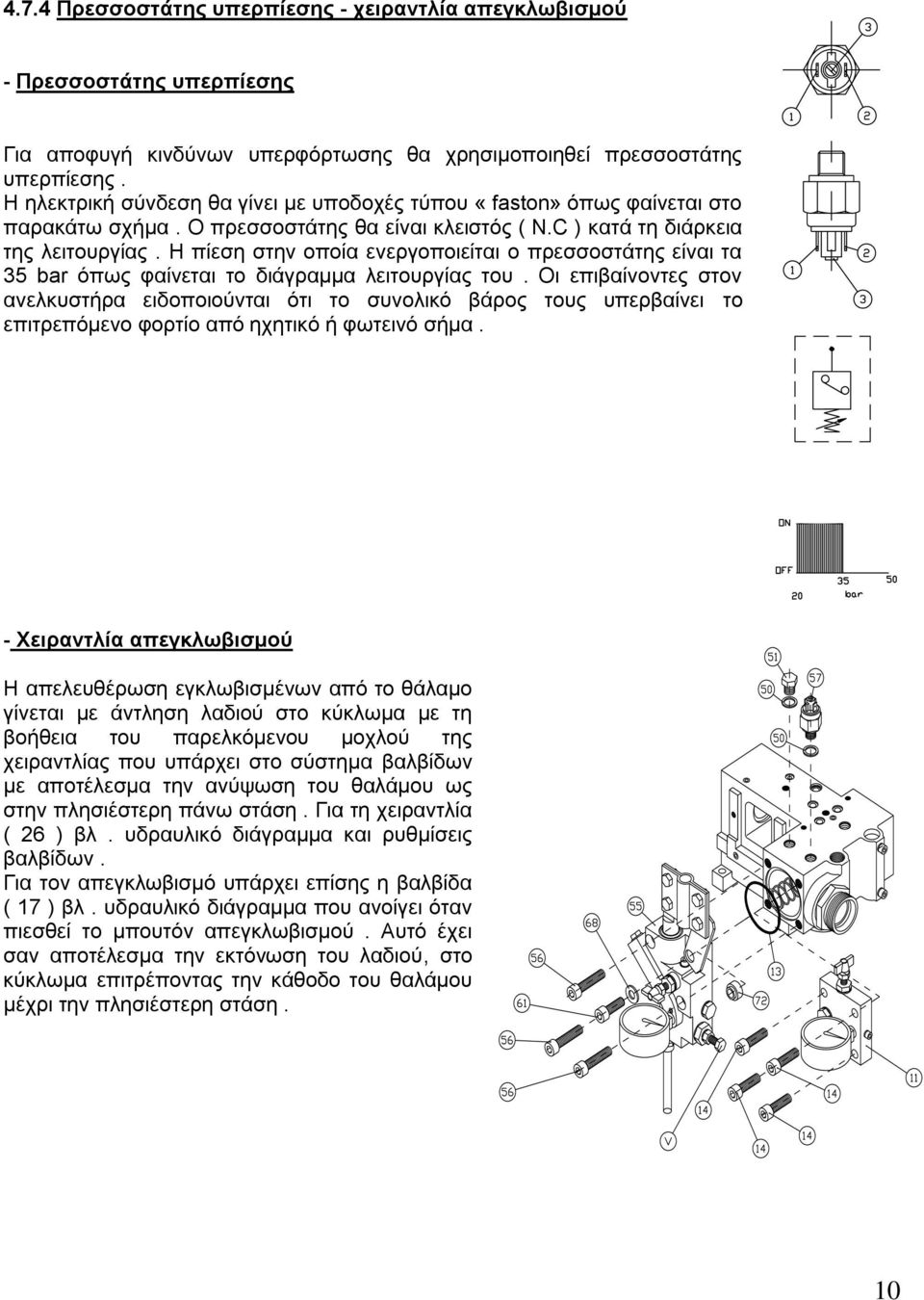 Η πίεση στην οποία ενεργοποιείται ο πρεσσοστάτης είναι τα 35 bar όπως φαίνεται το διάγραμμα λειτουργίας του.
