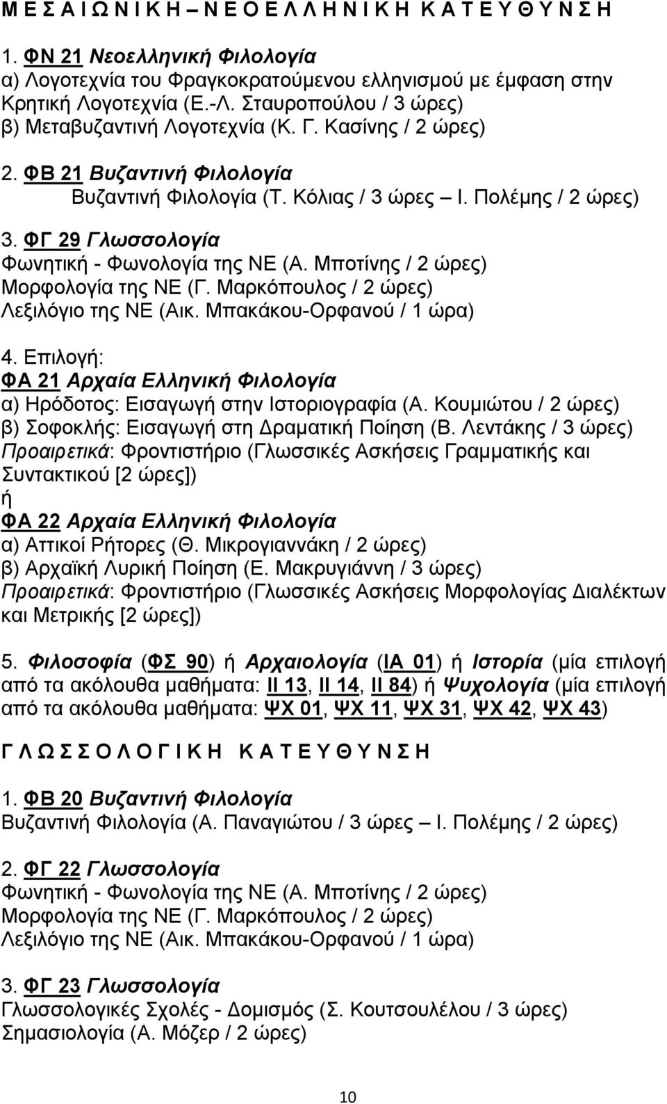 ΦΓ 29 Γλωσσολογία Φωνητική - Φωνολογία της ΝΕ (Α. Μποτίνης / 2 ώρες) Μορφολογία της ΝΕ (Γ. Μαρκόπουλος / 2 ώρες) Λεξιλόγιο της ΝΕ (Αικ. Μπακάκου-Ορφανού / 1 ώρα) 4.