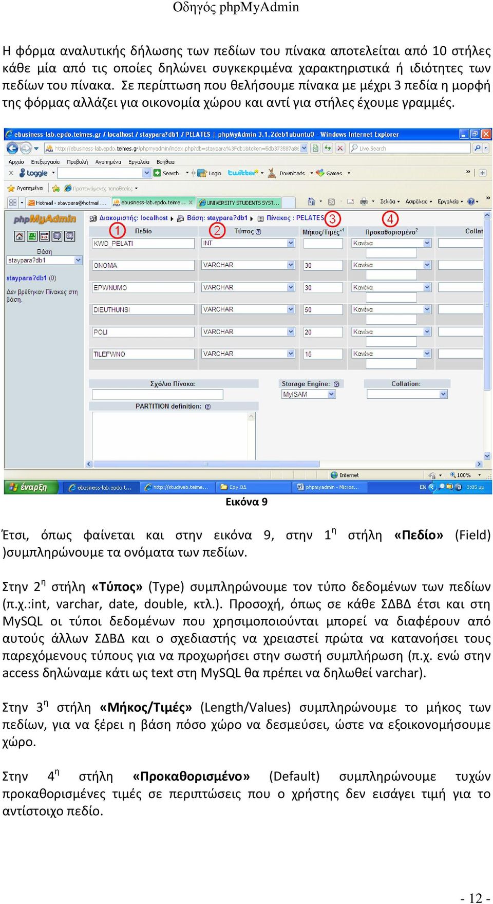 Εικόνα 9 Έτσι, όπως φαίνεται και στην εικόνα 9, στην 1 η στήλη «Πεδίο» (Field) )συμπληρώνουμε τα ονόματα των πεδίων. Στην 2 η στήλη «Τύπος» (Type) συμπληρώνουμε τον τύπο δεδομένων των πεδίων (π.χ.