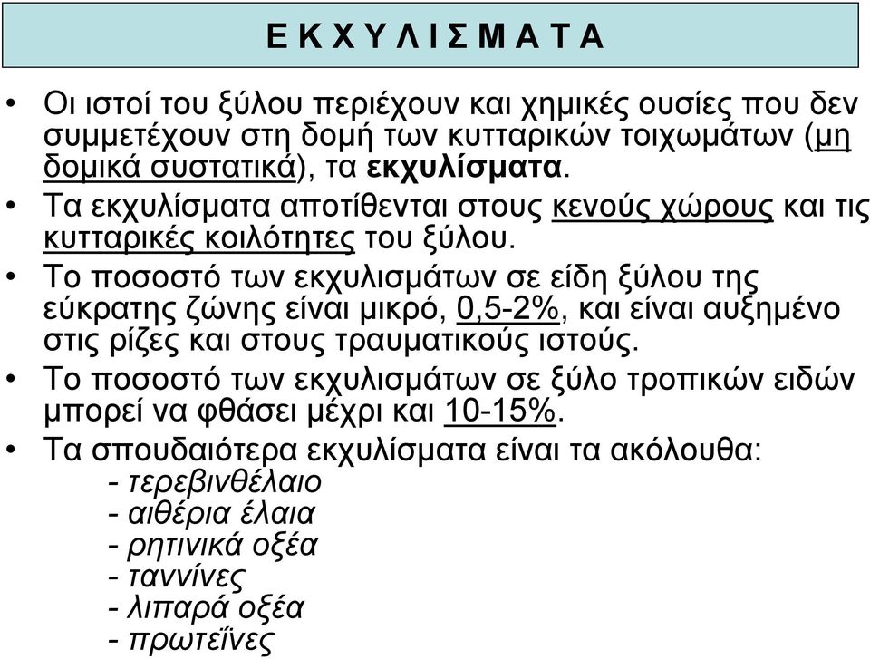 Το ποσοστό των εκχυλισμάτων σε είδη ξύλου της εύκρατης ζώνης είναι μικρό, 0,5-2%, και είναι αυξημένο στις ρίζες και στους τραυματικούς ιστούς.