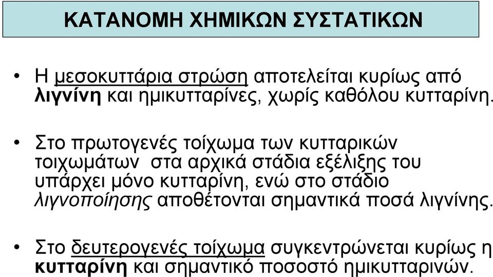 Στο πρωτογενές τοίχωμα των κυτταρικών τοιχωμάτων στα αρχικά στάδια εξέλιξης του υπάρχει μόνο