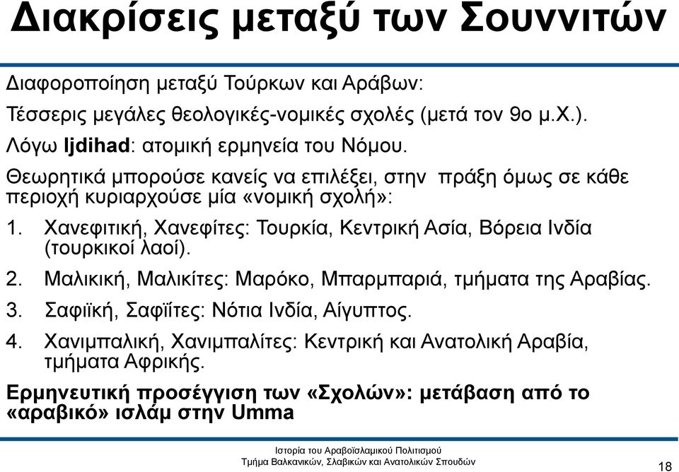 Χανεφιτική, Χανεφίτες: Τουρκία, Κεντρική Ασία, Βόρεια Ινδία (τουρκικοί λαοί). 2. Μαλικική, Μαλικίτες: Μαρόκο, Μπαρμπαριά, τμήματα της Αραβίας. 3.