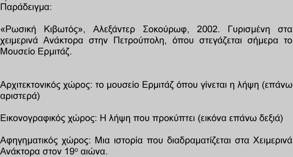 Αρχιτεκτονικός χώρος: το μουσείο Ερμιτάζ όπου γίνεται η λήψη (επάνω αριστερά) Εικονογραφικός