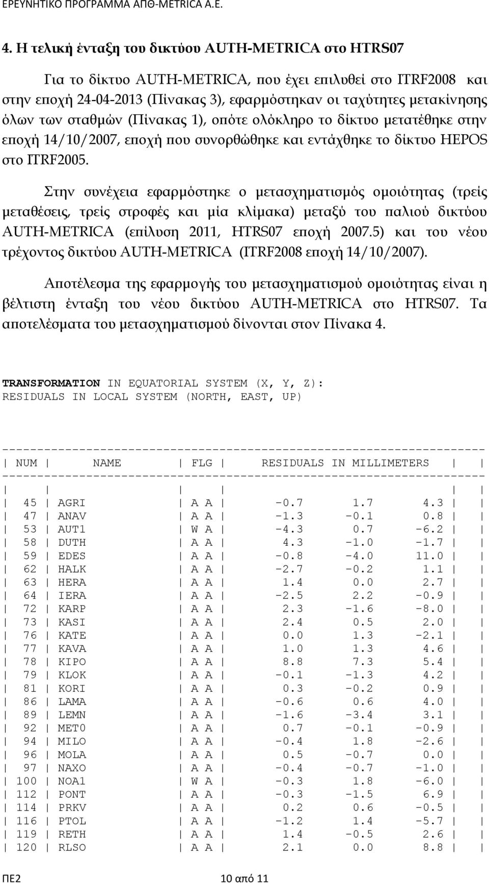 Στην συνέχεια εφαρμόστηκε ο μετασχηματισμός ομοιότητας (τρείς μεταθέσεις, τρείς στροφές και μία κλίμακα) μεταξύ του παλιού δικτύου AUTH-METRICA (επίλυση 2011, HTRS07 εποχή 2007.