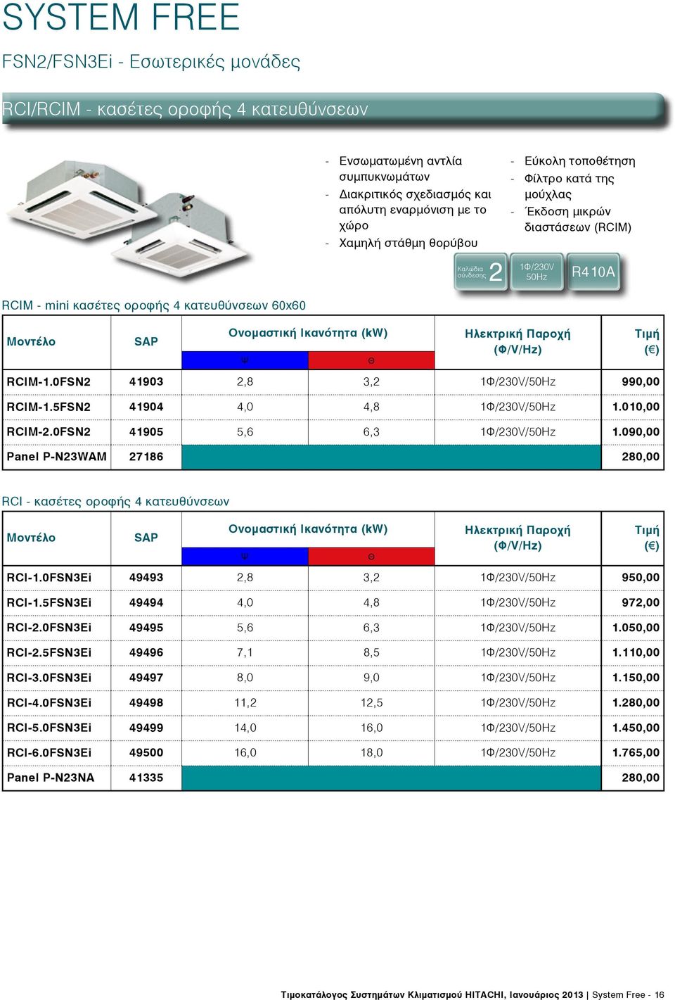 010,00 RCIM-.0FSN 41905 5,6 6,3 1Φ/30V/ 1.090,00 Panel P-N3WAM 7186 80,00 RCI - κασέτες οροφής 4 κατευθύνσεων RCI-1.0FSN3Ei 49493,8 3, 1Φ/30V/ 950,00 RCI-1.5FSN3Ei 49494 4,0 4,8 1Φ/30V/ 97,00 RCI-.