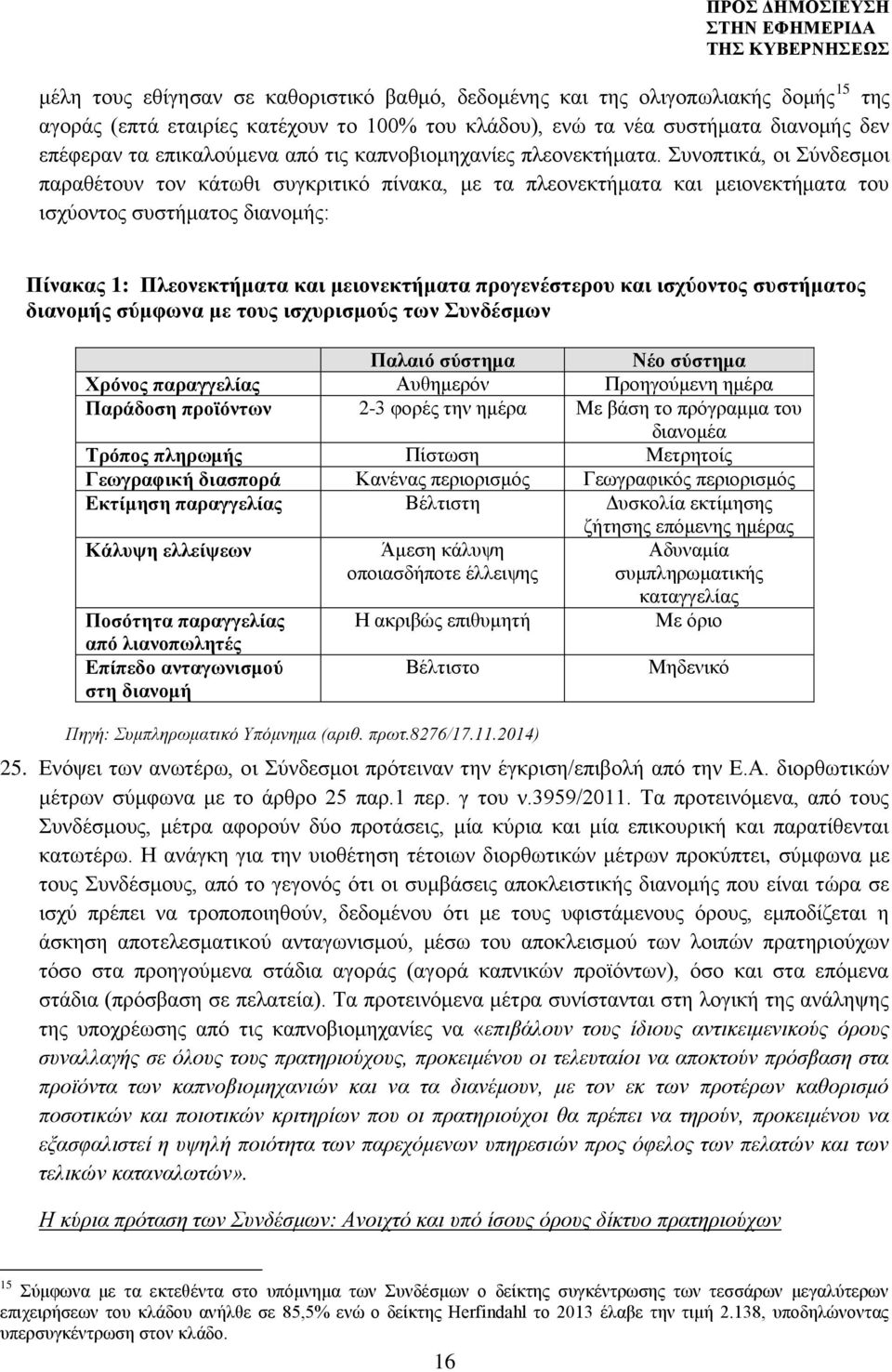 Συνοπτικά, οι Σύνδεσμοι παραθέτουν τον κάτωθι συγκριτικό πίνακα, με τα πλεονεκτήματα και μειονεκτήματα του ισχύοντος συστήματος διανομής: Πίνακας 1: Πλεονεκτήματα και μειονεκτήματα προγενέστερου και