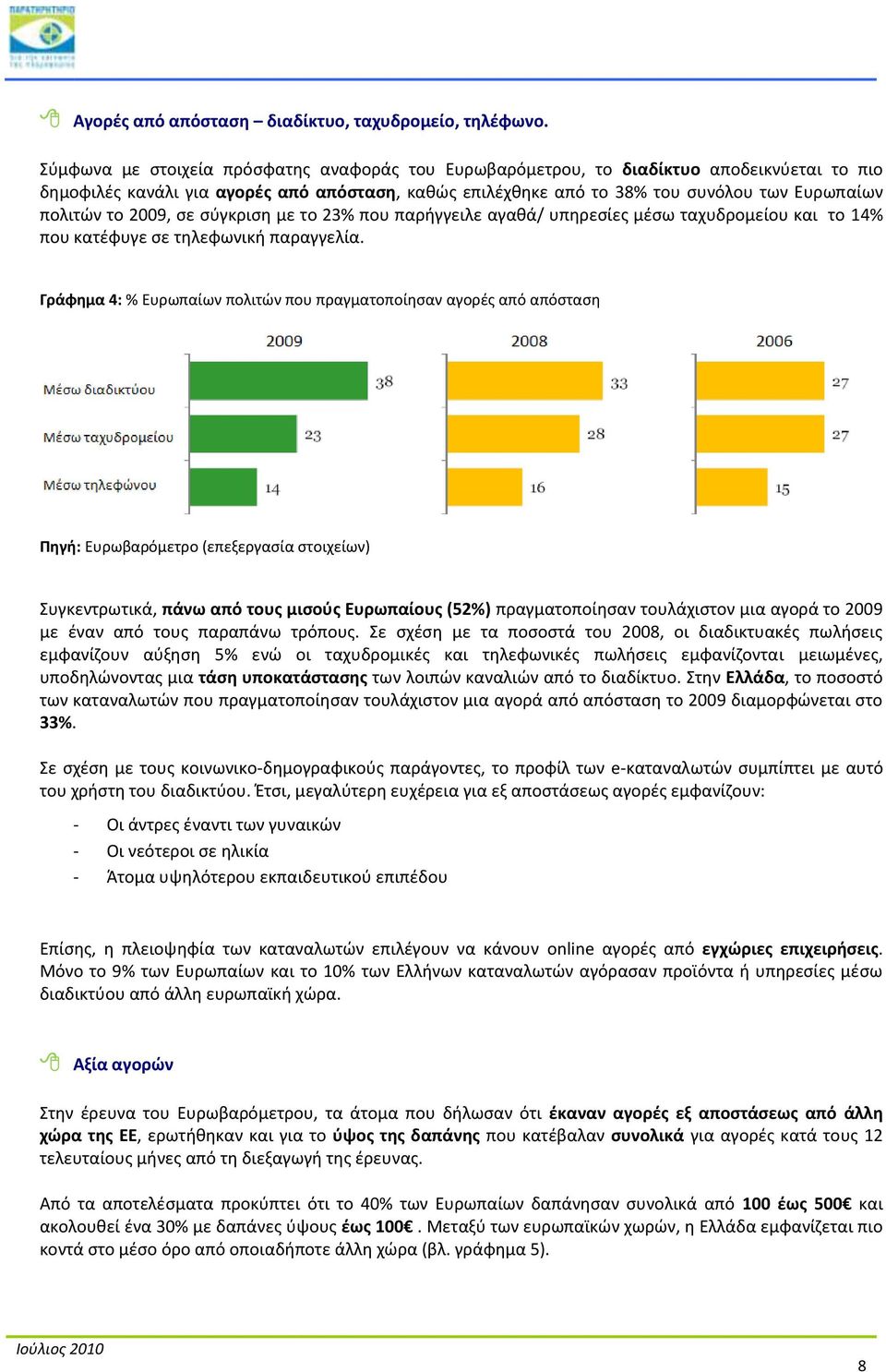 2009, ςε ςφγκριςθ με το 23% που παριγγειλε αγακά/ υπθρεςίεσ μζςω ταχυδρομείου και το 14% που κατζφυγε ςε τθλεφωνικι παραγγελία.