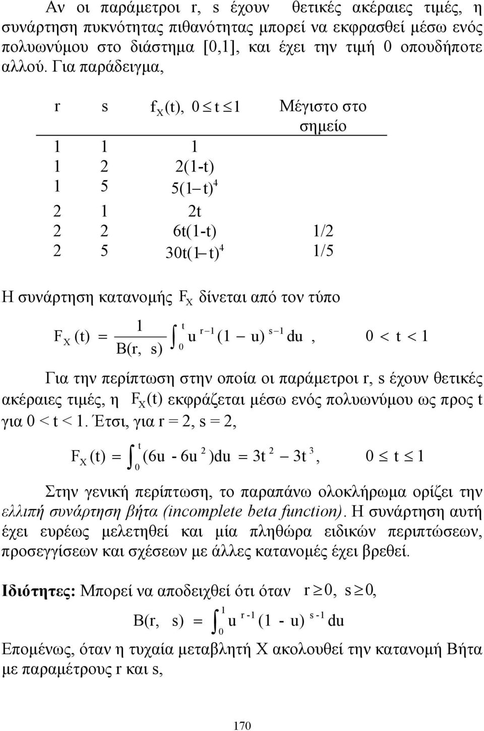 στην οποία οι παράμετροι r, s έχουν θετικές ακέραιες τιμές, η F X (t) εκφράζεται μέσω ενός πολυωνύμου ως προς t για 0 < t <.