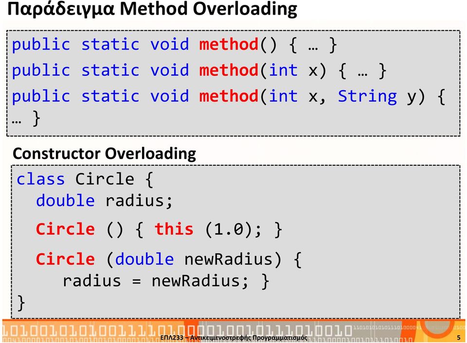 Overloading class Circle { double radius; Circle () { this (1.