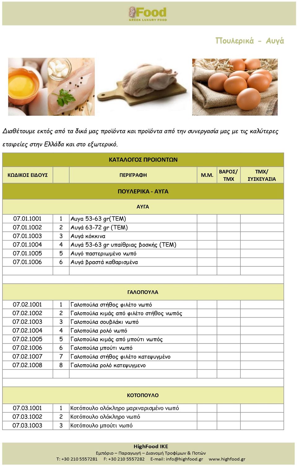 01.1006 6 Αυγά βραστά καθαρισμένα ΓΑΛΟΠΟΥΛΑ 07.02.1001 1 Γαλοπούλα στήθος φιλέτο νωπό 07.02.1002 2 Γαλοπούλα κιμάς από φιλέτο στήθος νωπός 07.02.1003 3 Γαλοπούλα σουβλάκι νωπό 07.02.1004 4 Γαλοπούλα ρολό νωπό 07.