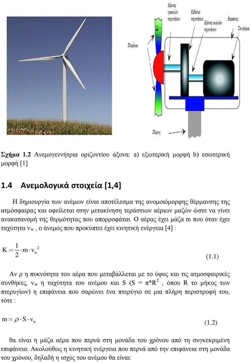 θερμότητας που απορροφάται. Ο αέρας έχει μάζα m που όταν έχει ταχύτητα v w, ο άνεμος που προκύπτει έχει κινητική ενέργεια [4] : 1 K mv w 2 2 (1.