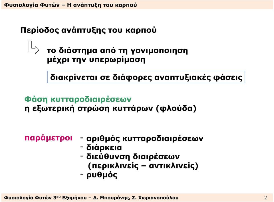 κυττάρων(φλούδα) παράµετροι - αριθµός κυτταροδιαιρέσεων -διάρκεια - διεύθυνση