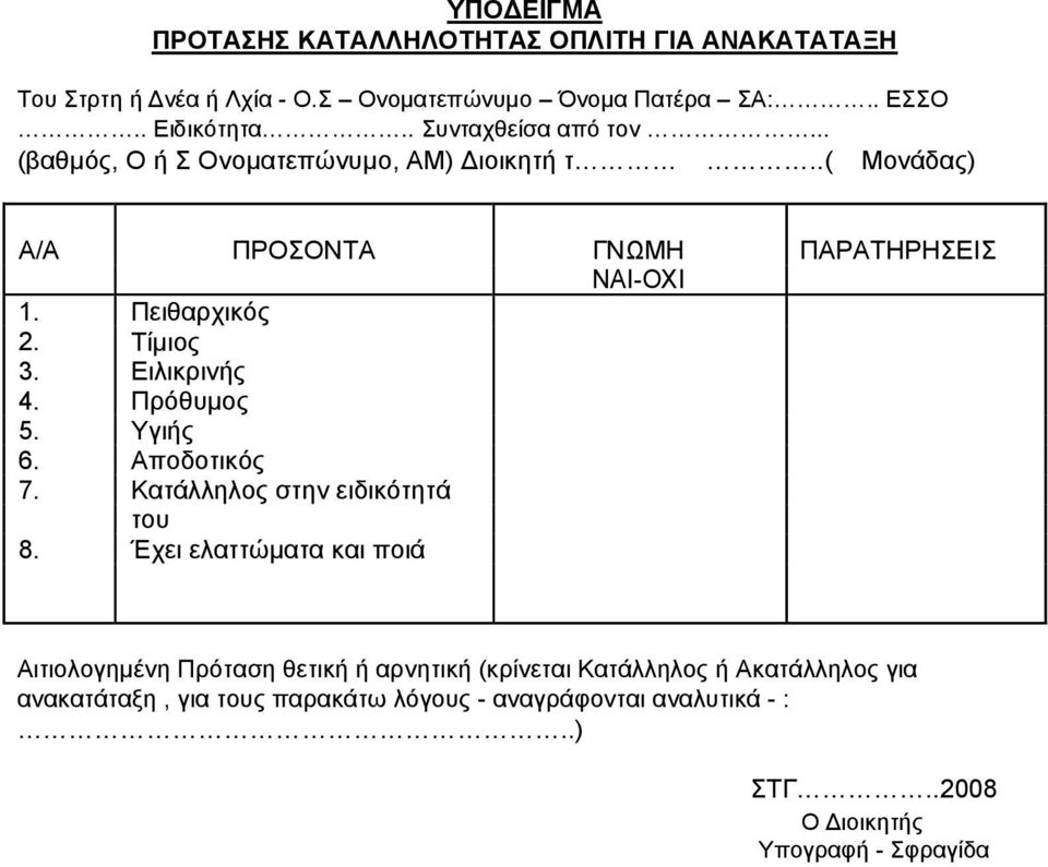 Τίµιος 3. Ειλικρινής 4. Πρόθυµος 5. Υγιής 6. Αποδοτικός 7. Κατάλληλος στην ειδικότητά του 8.