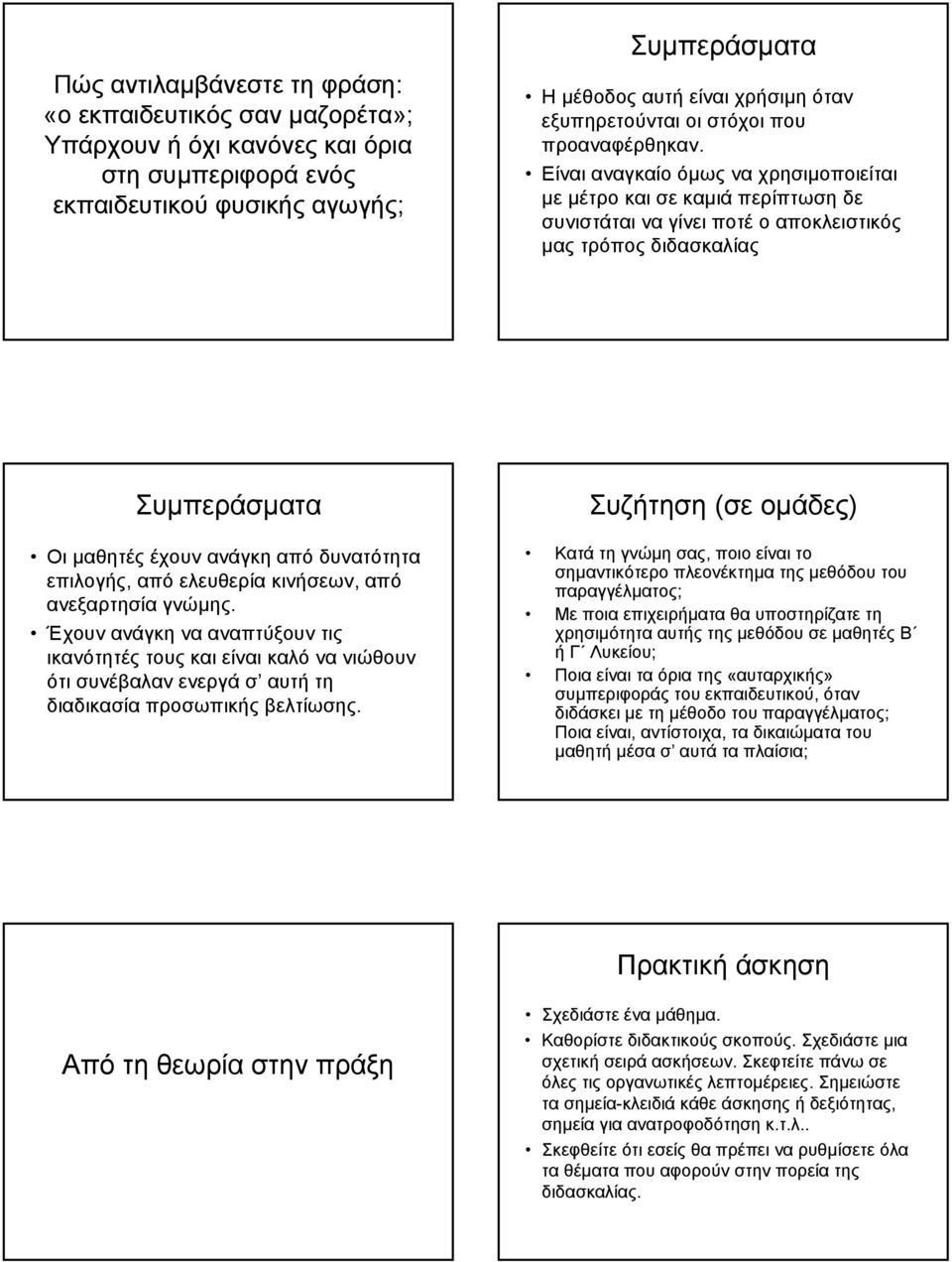Είναι αναγκαίο όµως να χρησιµοποιείται µε µέτρο και σε καµιά περίπτωση δε συνιστάται να γίνει ποτέ ο αποκλειστικός µας τρόπος διδασκαλίας Συµπεράσµατα Οι µαθητές έχουν ανάγκη από δυνατότητα επιλογής,