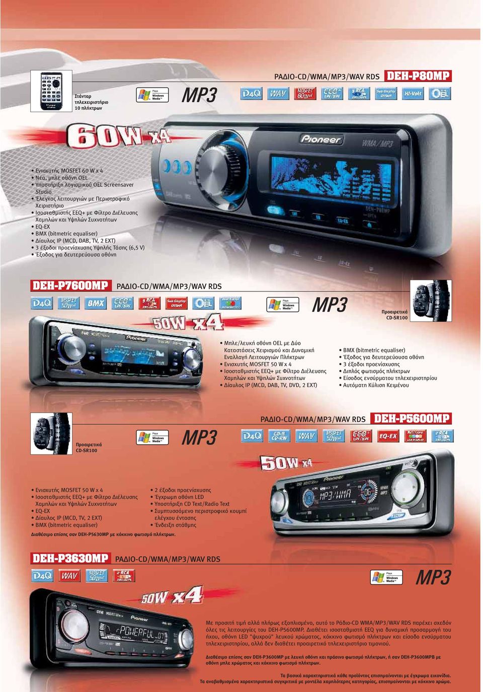 DEH-P7600MP Προαιρετικά CD-SR100 Μπλε/λευκή οθόνη OEL µε ύο Καταστάσεις Χειρισµού και υναµική Εναλλαγή Λειτουργιών Πλήκτρων Ενισχυτής MOSFET 50 W x 4 Ισοσταθµιστής EEQ+ µε Φίλτρο ιέλευσης Χαµηλών και