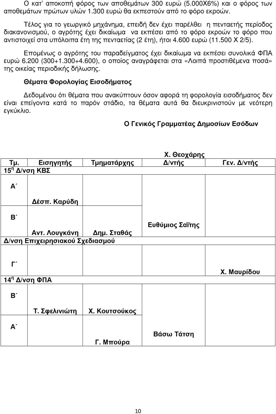 πενταετίας (2 έτη), ήτοι 4.600 ευρώ (11.500 Χ 2/5). Εποµένως ο αγρότης του παραδείγµατος έχει δικαίωµα να εκπέσει συνολικά ΦΠΑ ευρώ 6.200 (300+1.300+4.