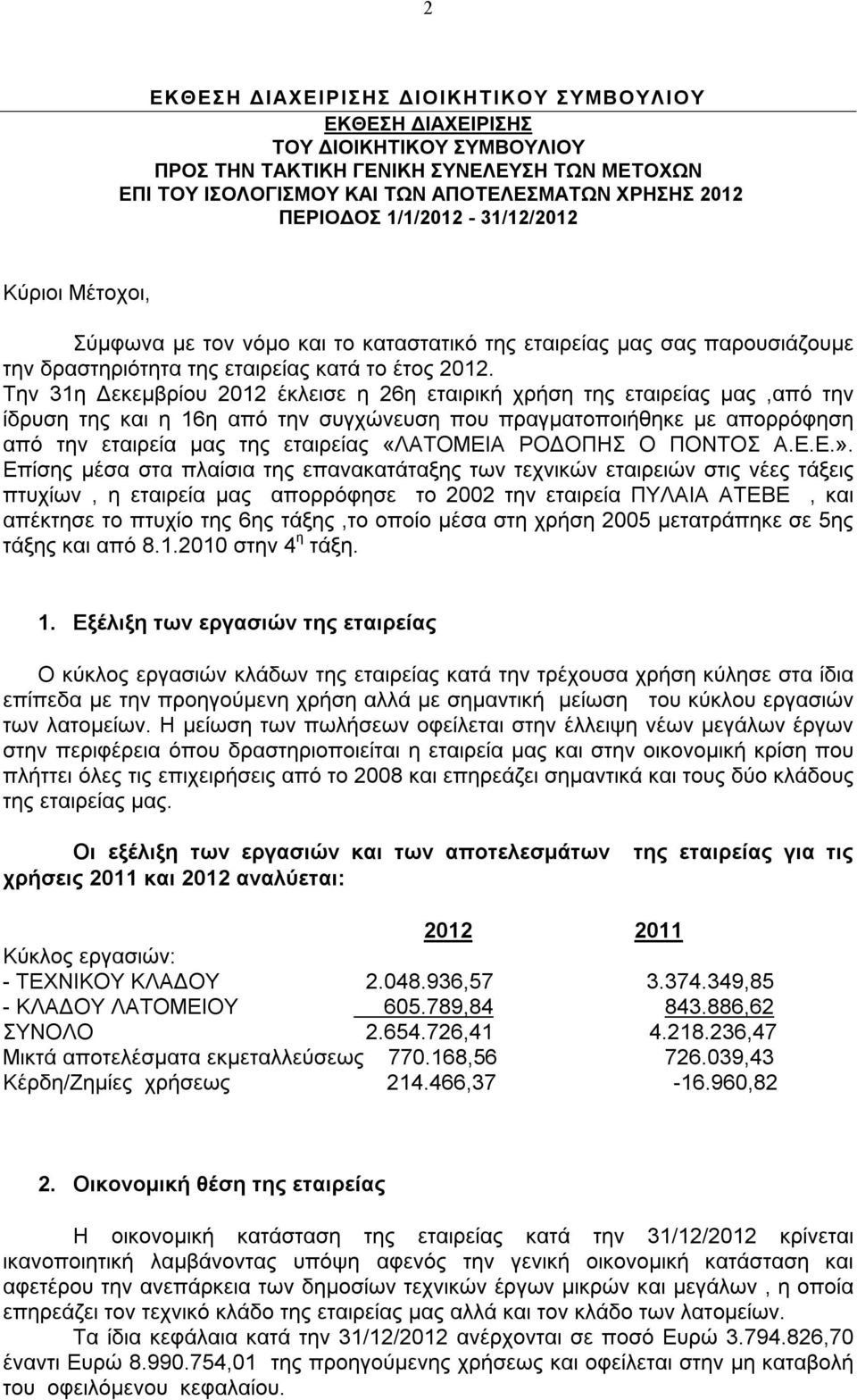 Την 31η Δεκεμβρίου 2012 έκλεισε η 26η εταιρική χρήση της εταιρείας μας,από την ίδρυση της και η 16η από την συγχώνευση που πραγματοποιήθηκε με απορρόφηση από την εταιρεία μας της εταιρείας «ΛΑΤΟΜΕΙΑ