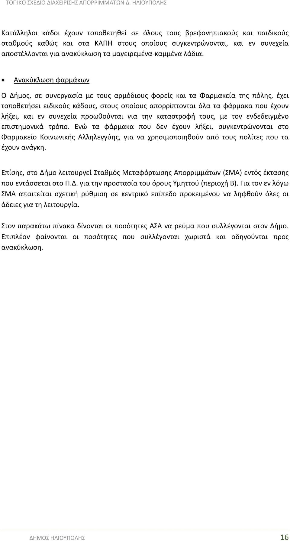 Ανακύκλωση φαρμάκων Ο Δήμος, σε συνεργασία με τους αρμόδιους φορείς και τα Φαρμακεία της πόλης, έχει τοποθετήσει ειδικούς κάδους, στους οποίους απορρίπτονται όλα τα φάρμακα που έχουν λήξει, και εν