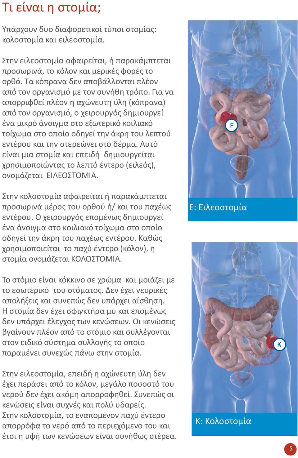 Για να απορριφθεί πλέον η αχώνευτη ύλη (κόπρανα) από τον οργανισμό, ο χειρουργός δημιουργεί ένα μικρό άνοιγμα στο εξωτερικό κοιλιακό τοίχωμα στο οποίο οδηγεί την άκρη του λεπτού εντέρου και την