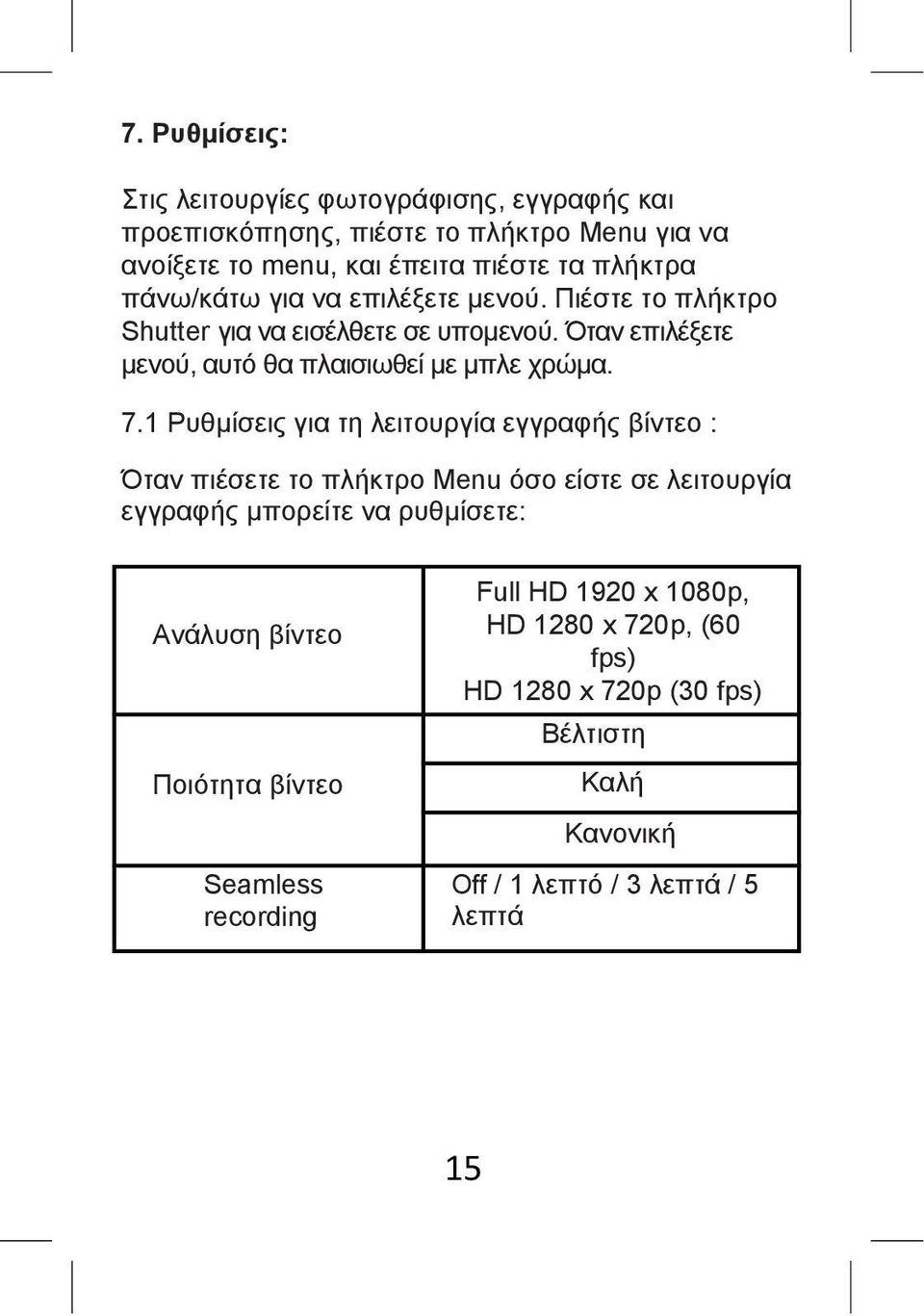 1 Ρυθμίσεις για τη λειτουργία εγγραφής βίντεο : Όταν πιέσετε το πλήκτρο Menu όσο είστε σε λειτουργία εγγραφής μπορείτε να ρυθμίσετε: Ανάλυση βίντεο