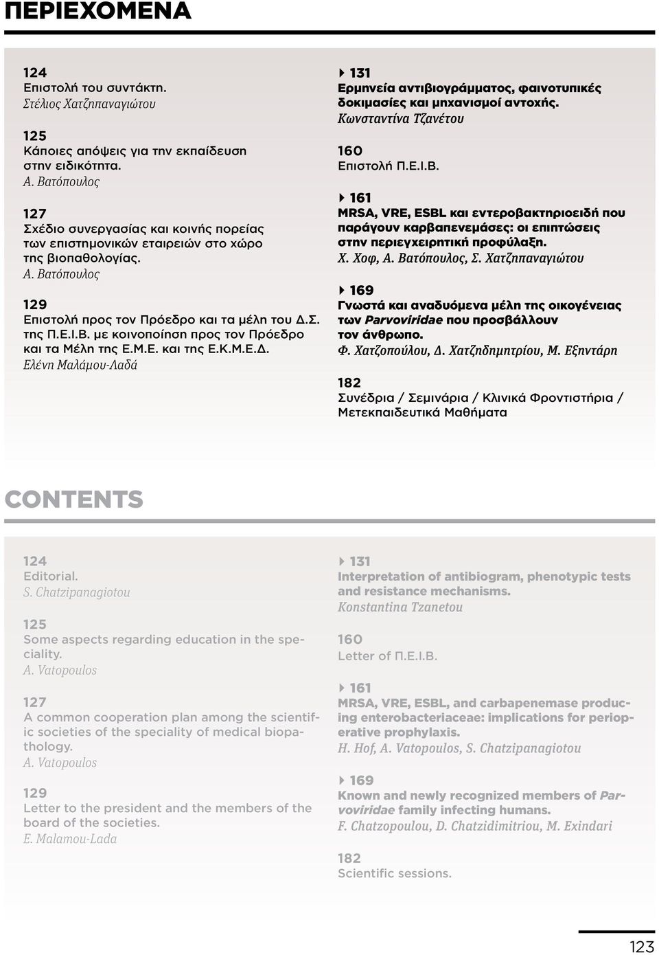 Μ.Ε. και της Ε.Κ.Μ.Ε.Δ. Ελένη Μαλάμου-Λαδά 131 Ερμηνεία αντιβιογράμματος, φαινοτυπικές δοκιμασίες και μηχανισμοί αντοχής. Κωνσταντίνα Τζανέτου 160 Επιστολή Π.Ε.Ι.Β.