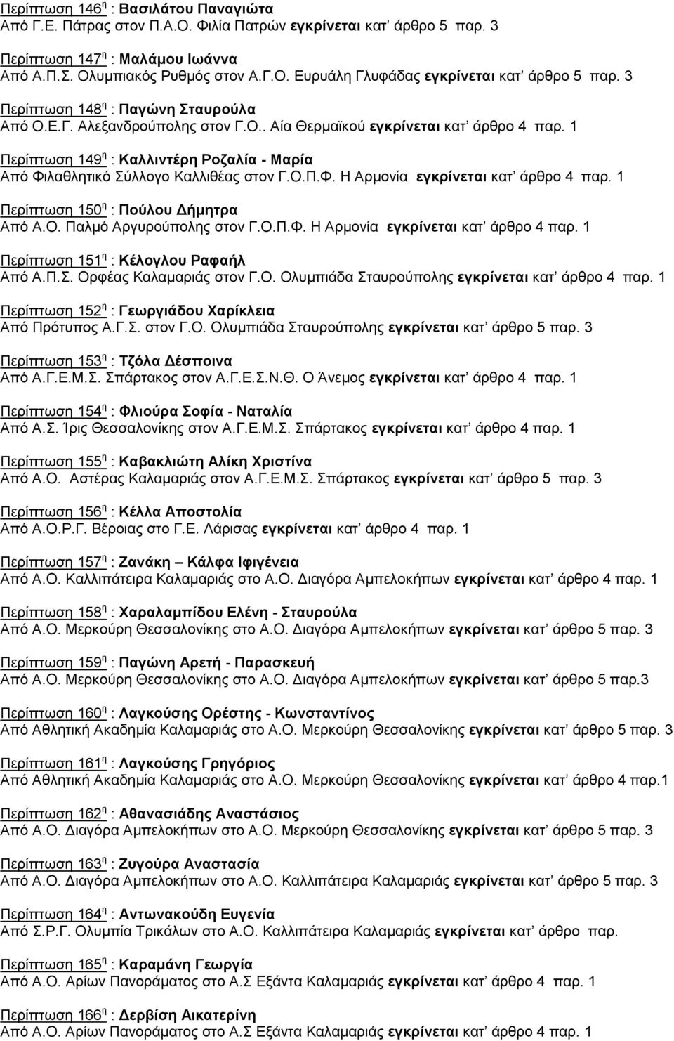 1 Περίπτωση 149 η : Καλλιντέρη Ροζαλία - Μαρία Από Φιλαθλητικό Σύλλογο Καλλιθέας στον Γ.Ο.Π.Φ. Η Αρμονία εγκρίνεται κατ άρθρο 4 παρ. 1 Περίπτωση 150 η : Πούλου Δήμητρα Από Α.Ο. Παλμό Αργυρούπολης στον Γ.