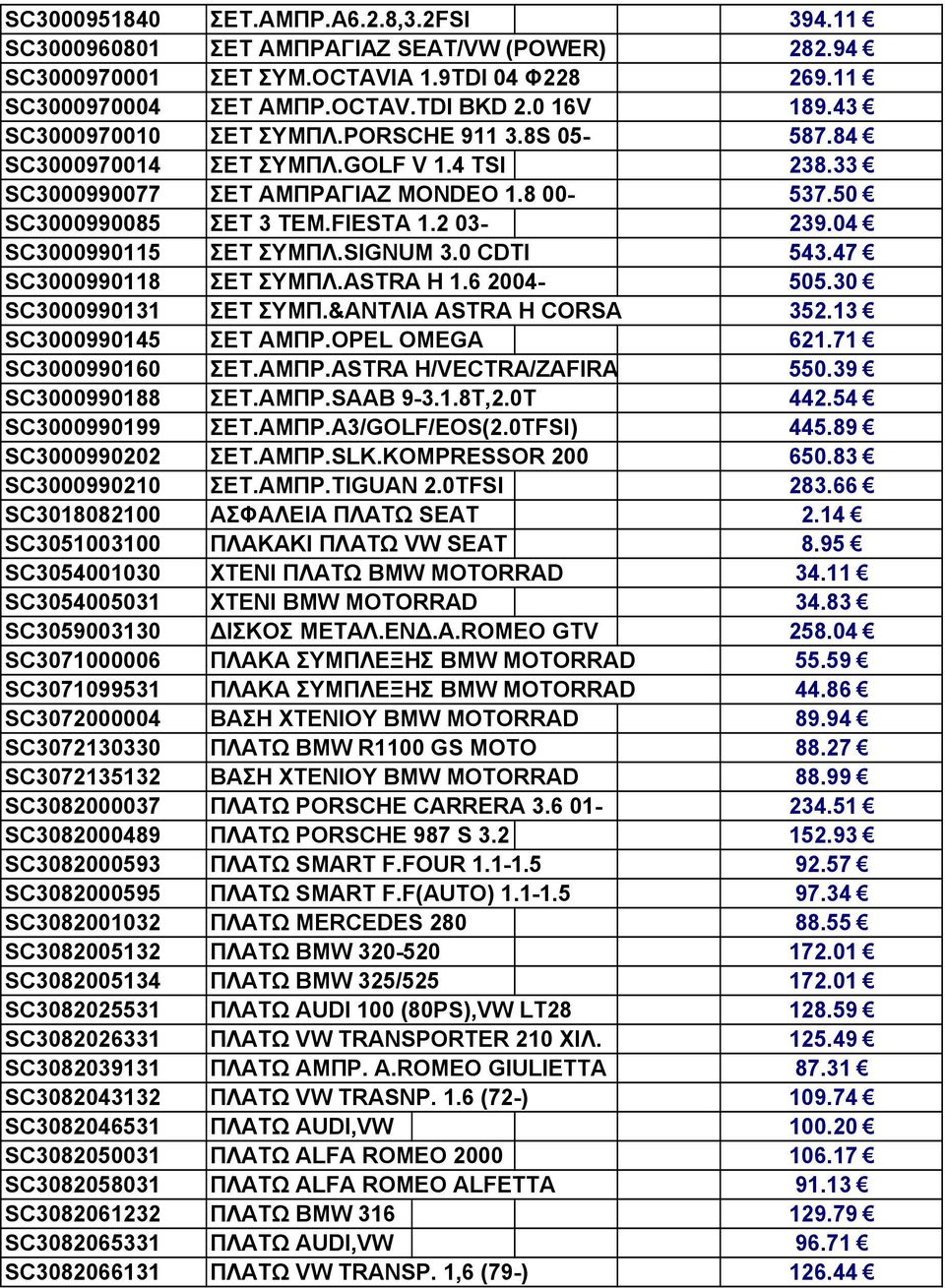 04 SC3000990115 ΣΕΤ ΣΥΜΠΛ.SIGNUM 3.0 CDTI 543.47 SC3000990118 ΣΕΤ ΣΥΜΠΛ.ASTRA H 1.6 2004-505.30 SC3000990131 ΣΕΤ ΣΥΜΠ.&ΑΝΤΛΙΑ ASTRA H CORSA 352.13 SC3000990145 ΣΕΤ ΑΜΠΡ.OPEL OMEGA 621.