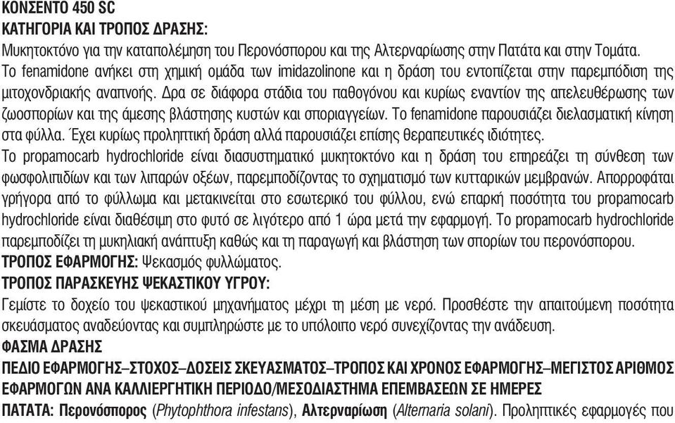 Δρα σε διάφορα στάδια του παθογόνου και κυρίως εναντίον της απελευθέρωσης των ζωοσπορίων και της άμεσης βλάστησης κυστών και σποριαγγείων. Το fenamidone παρουσιάζει διελασματική κίνηση στα φύλλα.