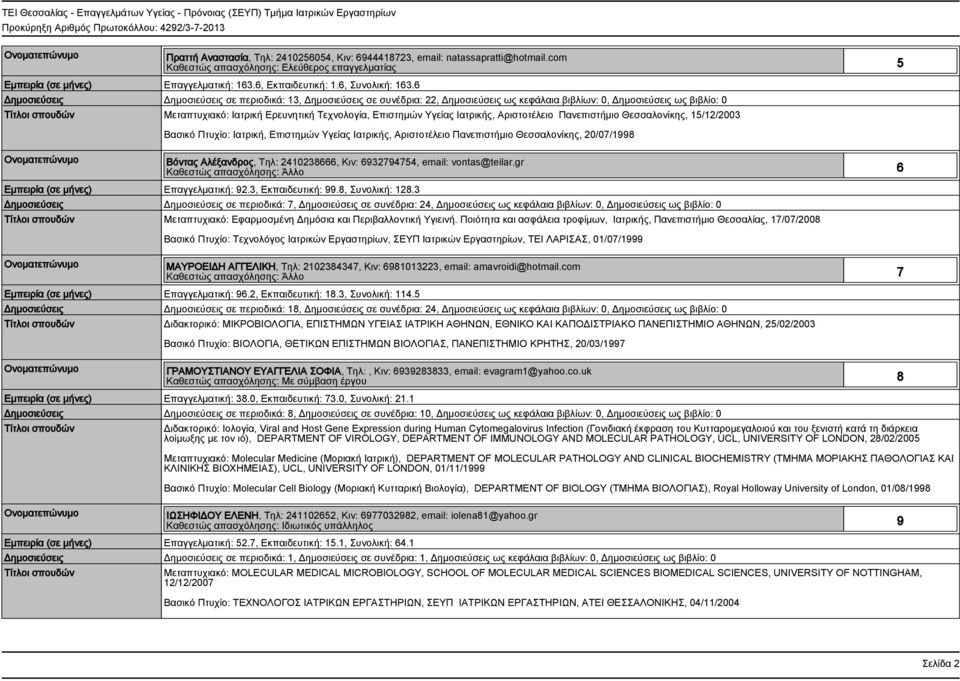 6 Δημοσιεύσεις Δημοσιεύσεις σε περιοδικά: 13, Δημοσιεύσεις σε συνέδρια: 22, Δημοσιεύσεις ως κεφάλαια βιβλίων: 0, Δημοσιεύσεις ως βιβλίο: 0 Μεταπτυχιακό: Ιατρική Ερευνητική Τεχνολογία, Επιστημών