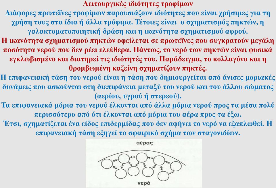 Η ικανότητα σχηματισμού πηκτών οφείλεται σε πρωτεΐνες που συγκρατούν μεγάλη ποσότητα νερού που δεν ρέει ελεύθερα. Πάντως, το νερό των πηκτών είναι φυσικά εγκλωβισμένο και διατηρεί τις ιδιότητές του.