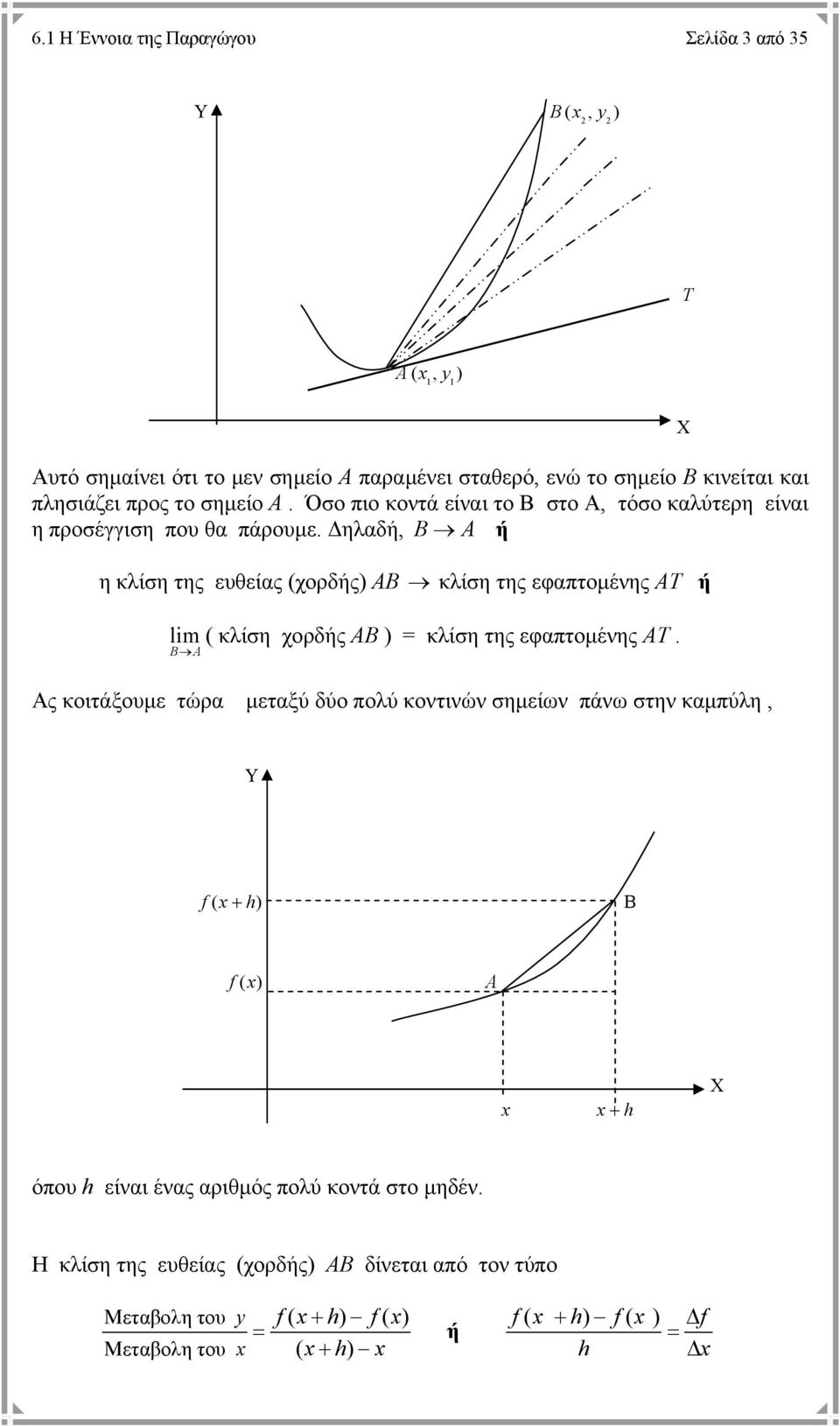 ηλαδή, B A ή η κλίση της ευθείας (χορδής) ΑΒ κλίση της εφαπτοµένης ΑΤ ή lim ( κλίση χορδής ΑΒ ) κλίση της εφαπτοµένης ΑΤ.