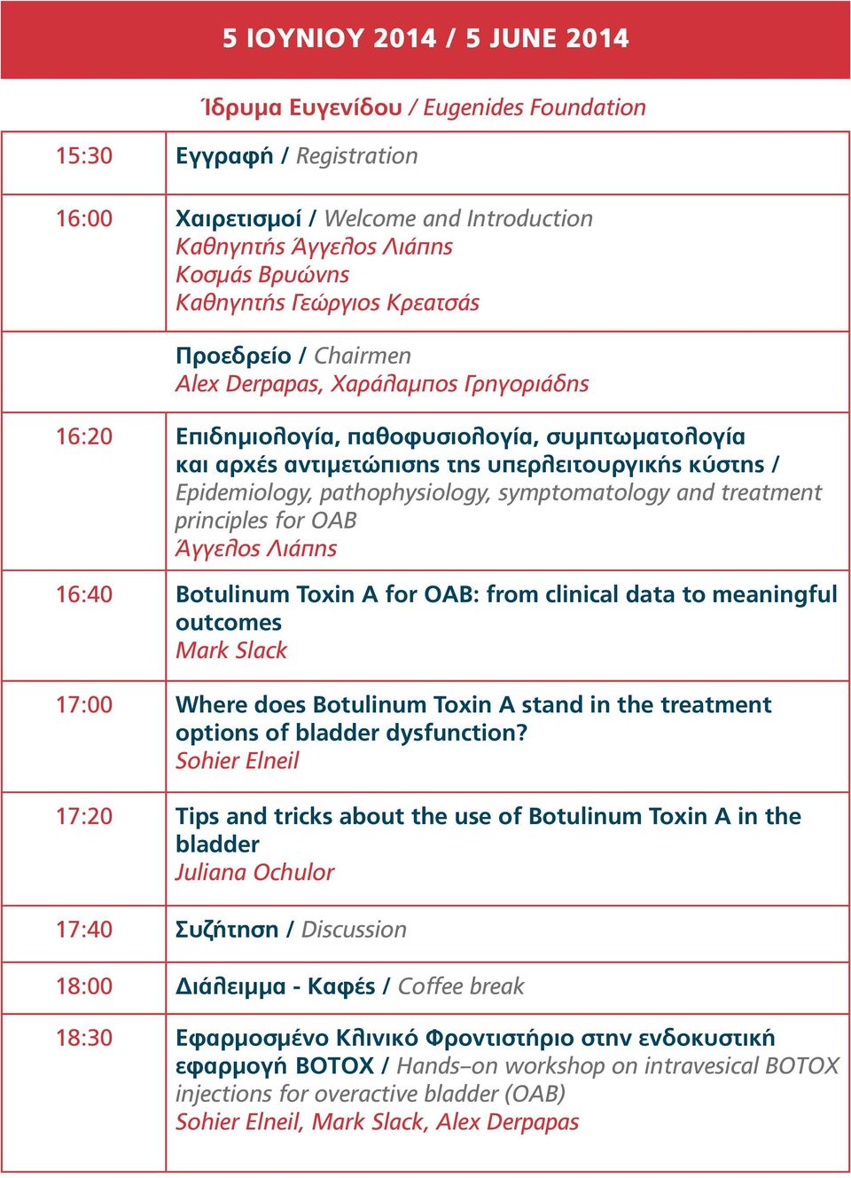 symptomatology and treatment principles for OAB 16:40 Botulinum Toxin A for OAB: from clinical data to meaningful outcomes Mark Slack 17:00 Where does Botulinum Toxin A stand in the treatment options