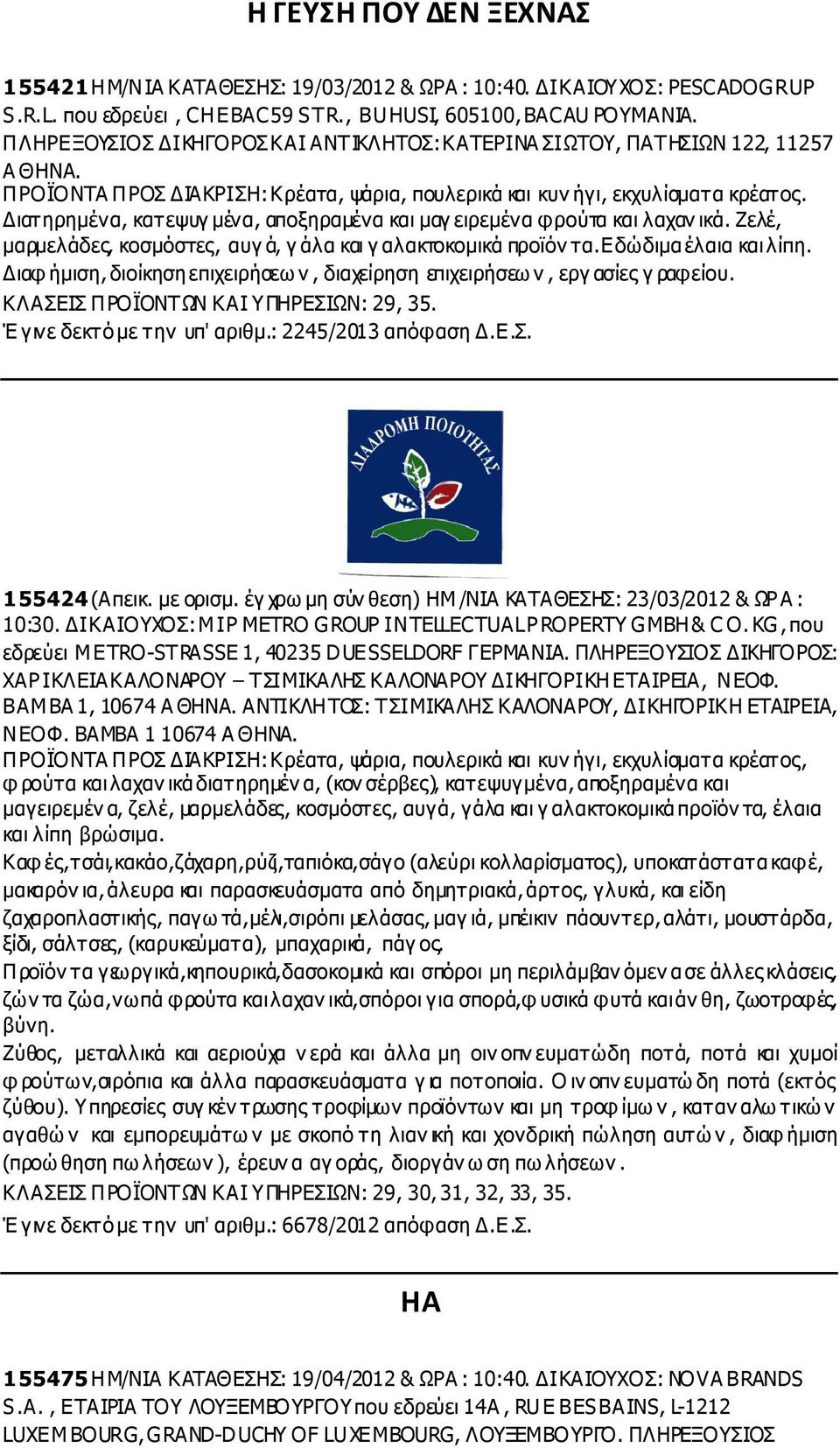ιατηρηµένα, κατεψυγ µένα, αποξηραµένα και µαγ ειρεµένα φρούτα και λαχαν ικά. Ζελέ, µαρµελάδες, κοσµόστες, αυγ ά, γ άλα και γ αλακτοκοµικά προϊόν τα. Εδώδιµα έλαια και λίπη.