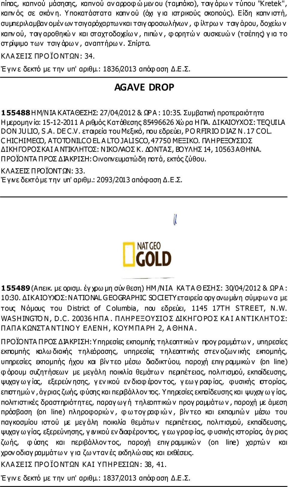 στρίψιµο των τσιγ άρω ν, αναπτήρω ν. Σπίρτα. ΚΛΑ ΣΕΙΣ ΠΡΟ ΪΟ ΝΤΩΝ: 34. Έ γιν ε δεκτό µε την υπ' αριθµ.: 1836/2013 απόφ αση.ε.σ. AGAVE DROP 155488 ΗΜ/ΝΙΑ ΚΑΤΑΘΕΣΗΣ: 27/04/2012 & ΩΡΑ : 10:35.