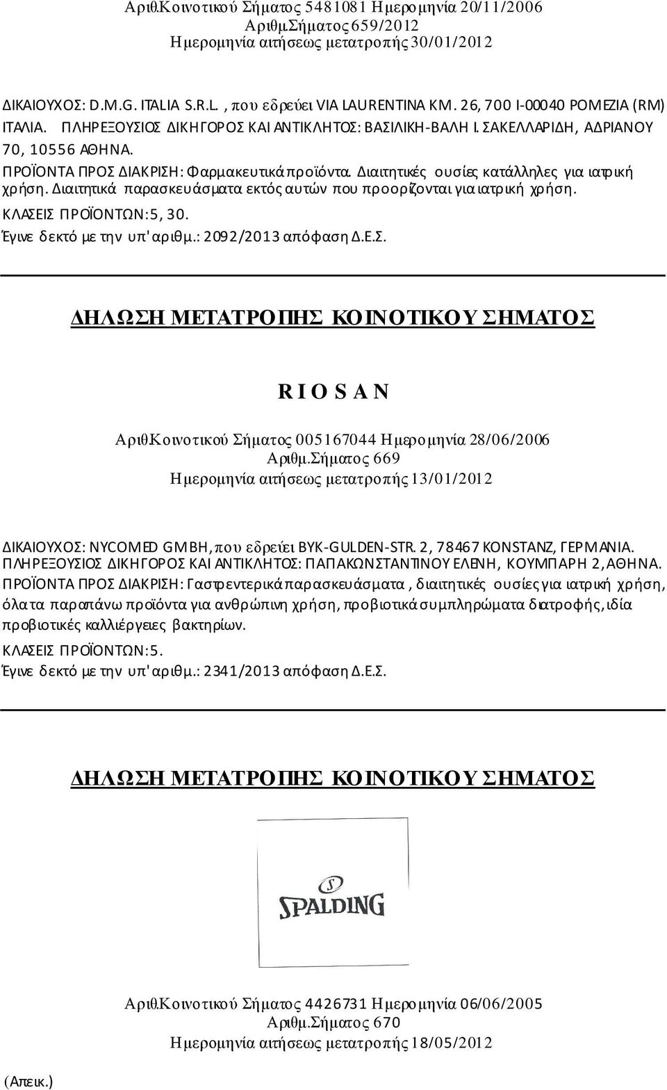 Διαιτητικές ουσίες κατάλληλες για ιατρική χρήση. Διαιτητικά παρασκευάσματα εκτός αυτών που προορίζονται για ιατρική χρήση. ΚΛΑΣΕΙΣ ΠΡΟΪΟΝΤΩΝ: 5, 30. Έγινε δεκτό με την υπ' αριθμ.: 2092/2013 απόφαση Δ.