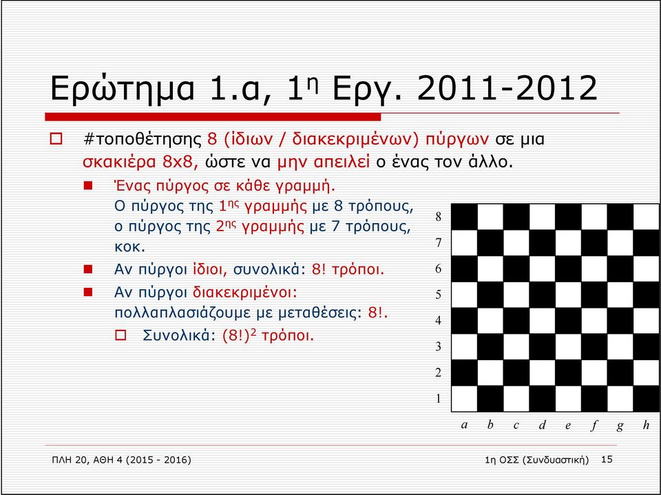 άλλο. Ένας πύργος σε κάθε γραμμή. Οπύργοςτης1 ης γραμμής με 8 τρόπους, οπύργοςτης2 ης γραμμής με 7 τρόπους, κοκ.