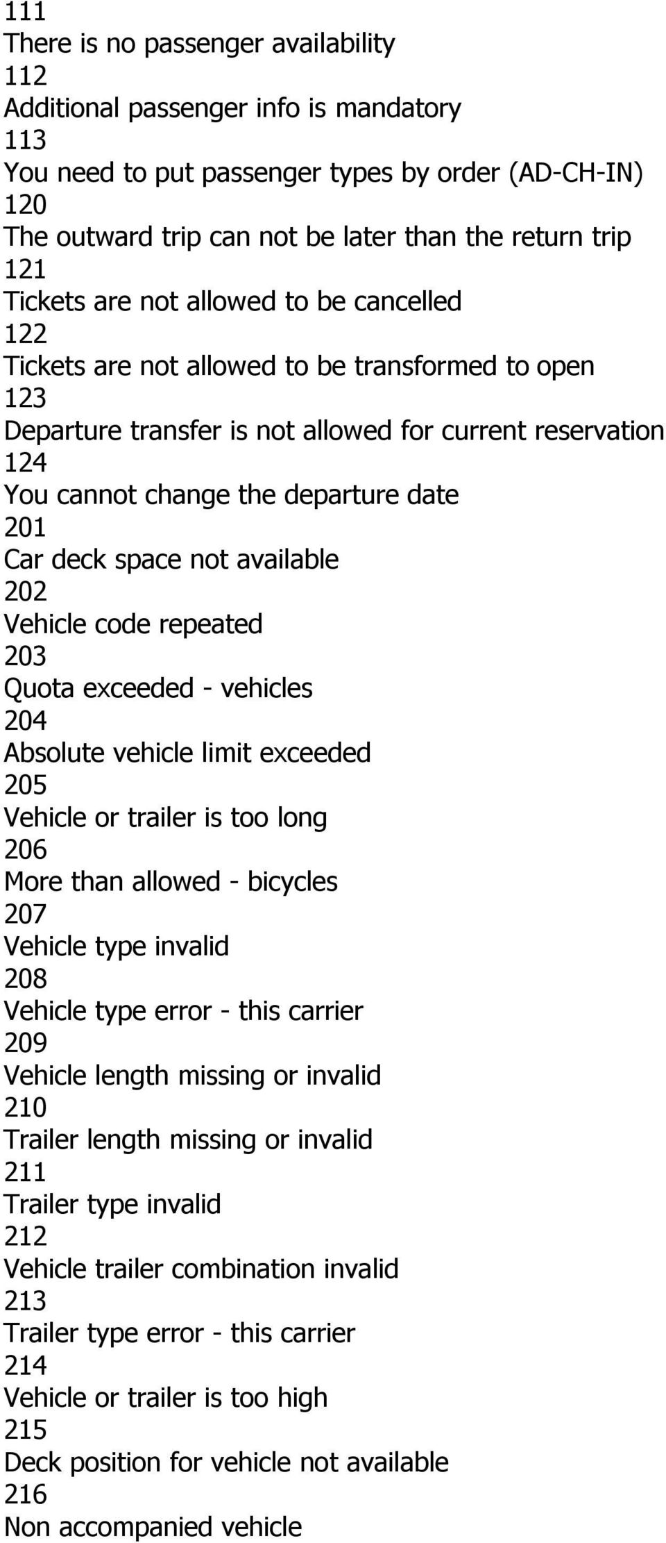 date 201 Car deck space not available 202 Vehicle code repeated 203 Quota exceeded - vehicles 204 Absolute vehicle limit exceeded 205 Vehicle or trailer is too long 206 More than allowed - bicycles