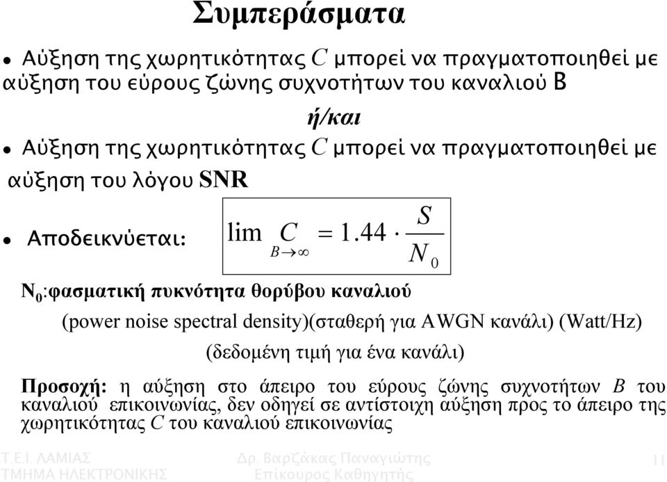 44 B N N :φασµατική πυκνότητα θορύβου καναλιού (power noise spectral density)(σταθερή για AWGN κανάλι) (Watt/Hz) (δεδοµένη τιµή για ένα
