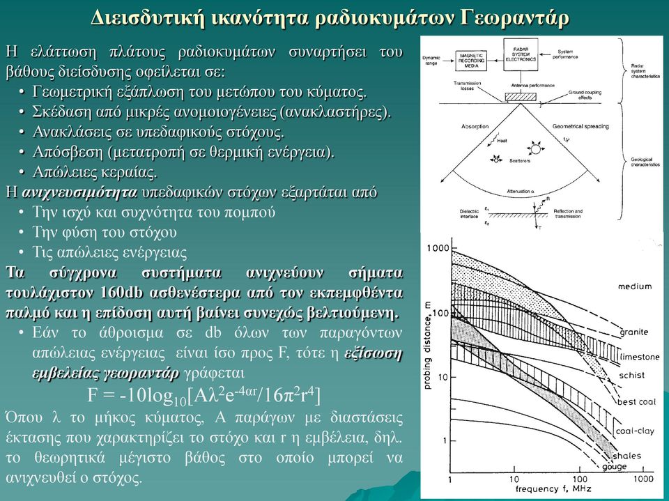 Η ανιχνευσιμότητα υπεδαφικών στόχων εξαρτάται από Την ισχύ και συχνότητα του πομπού Την φύση του στόχου Τις απώλειες ενέργειας Τα σύγχρονα συστήματα ανιχνεύουν σήματα τουλάχιστον 160db ασθενέστερα