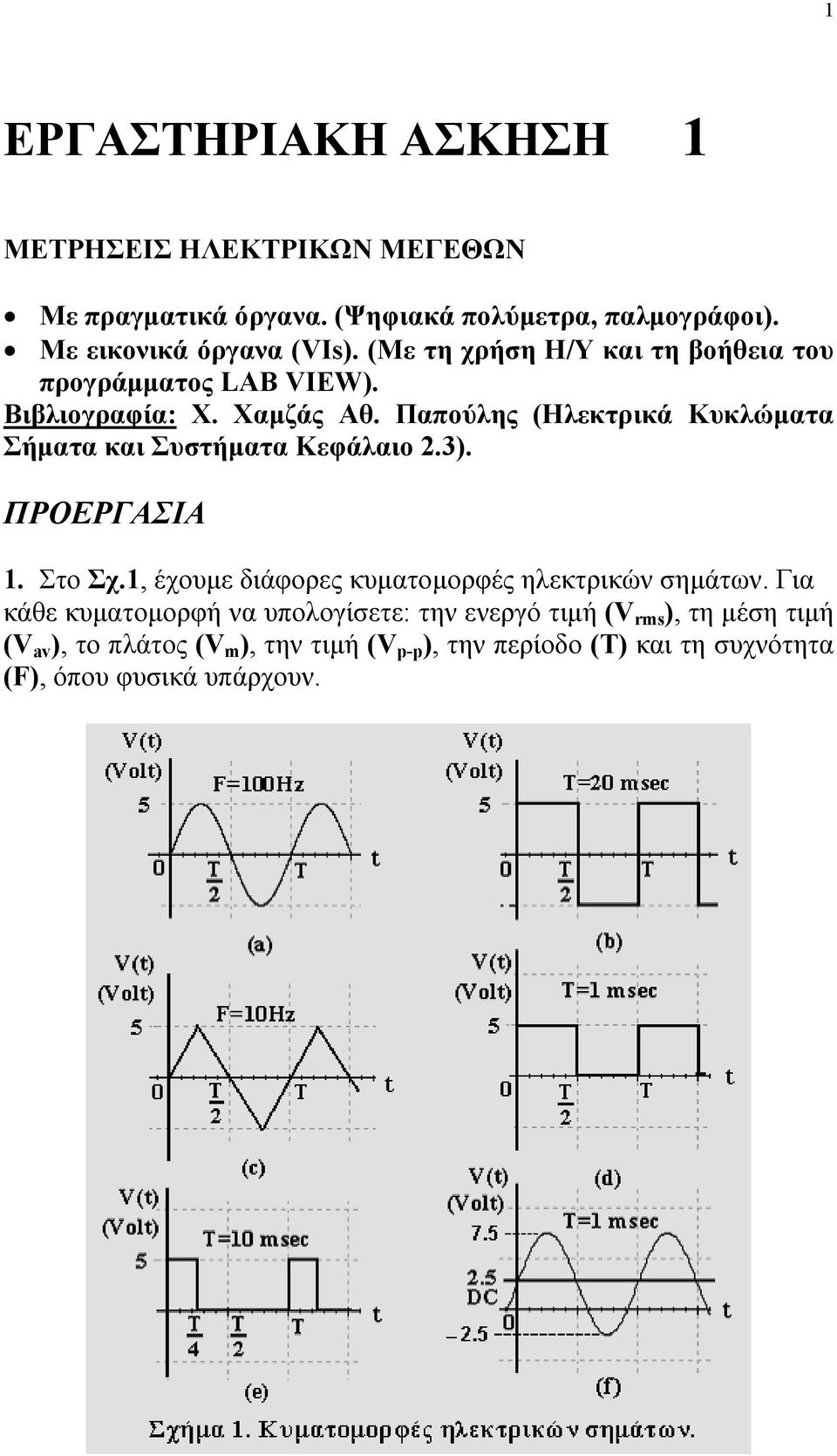 Παπούλης (Ηλεκτρικά Κυκλώµατα Σήµατα και Συστήµατα Κεφάλαιο 2.3). ΠΡΟΕΡΓΑΣΙΑ 1. Στο Σχ.