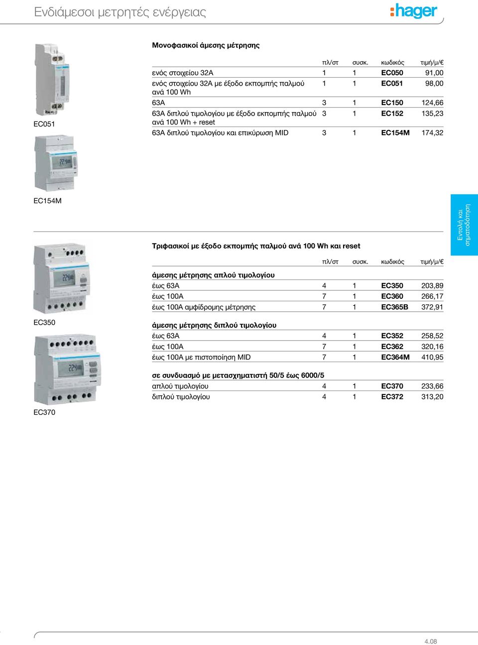 reset Εντολή και άμεσης μέτρησης απλού τιμολογίου έως 63Α 4 1 EC350 203,89 έως 100Α 7 1 EC360 266,17 έως 100Α αμφίδρομης μέτρησης 7 1 EC365B 372,91 EC350 άμεσης μέτρησης διπλού τιμολογίου έως 63Α 4 1