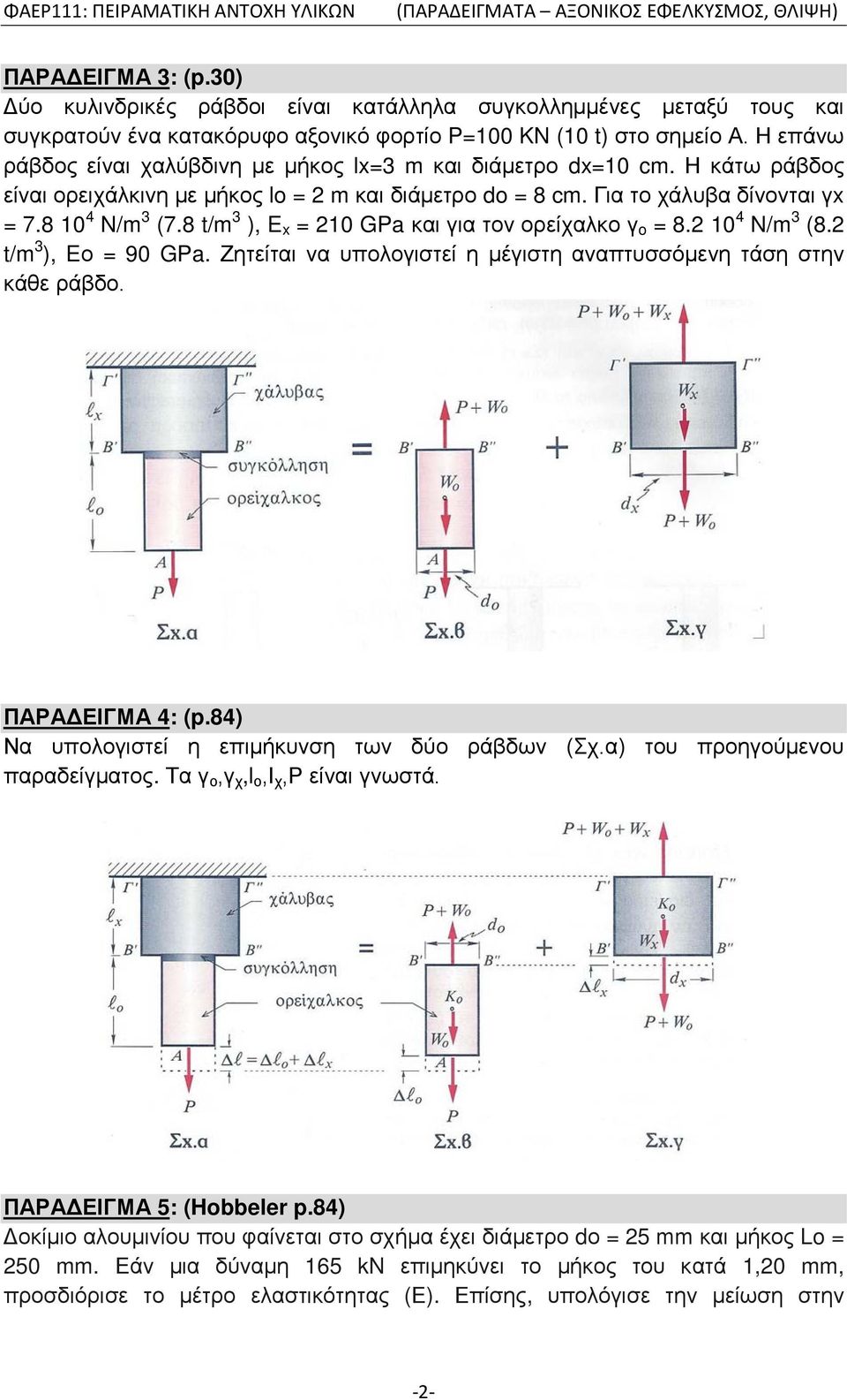 8 t/m 3 ), E x = 210 GPa και για τον ορείχαλκο γ o = 8.2 10 4 N/m 3 (8.2 t/m 3 ), Eο = 90 GPa. Ζητείται να υπολογιστεί η μέγιστη αναπτυσσόμενη τάση στην κάθε ράβδο. ΠΑΡΑΔΕΙΓΜΑ 4: (p.