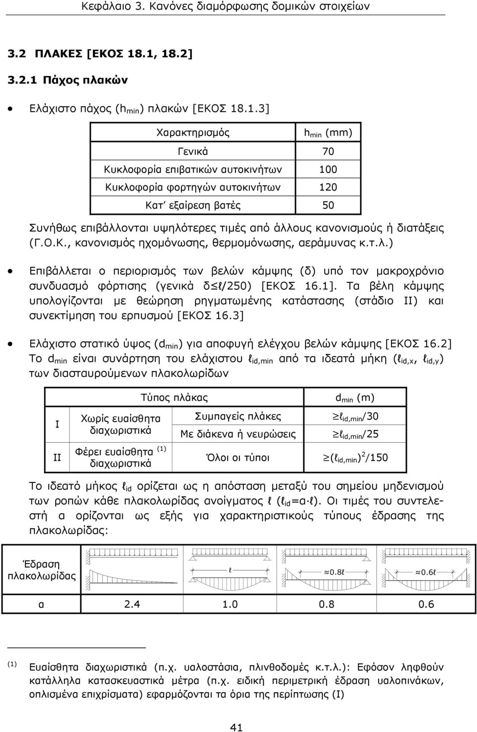 βατές 50 Συνήθως επιβάλλονται υψηλότερες τιμές από άλλους κανονισμούς ή διατάξεις (Γ.Ο.Κ., κανονισμός ηχομόνωσης, θερμομόνωσης, αεράμυνας κ.τ.λ.) Επιβάλλεται ο περιορισμός των βελών κάμψης (δ) υπό τον μακροχρόνιο συνδυασμό φόρτισης (γενικά δ l/250) [ΕΚΟΣ 16.