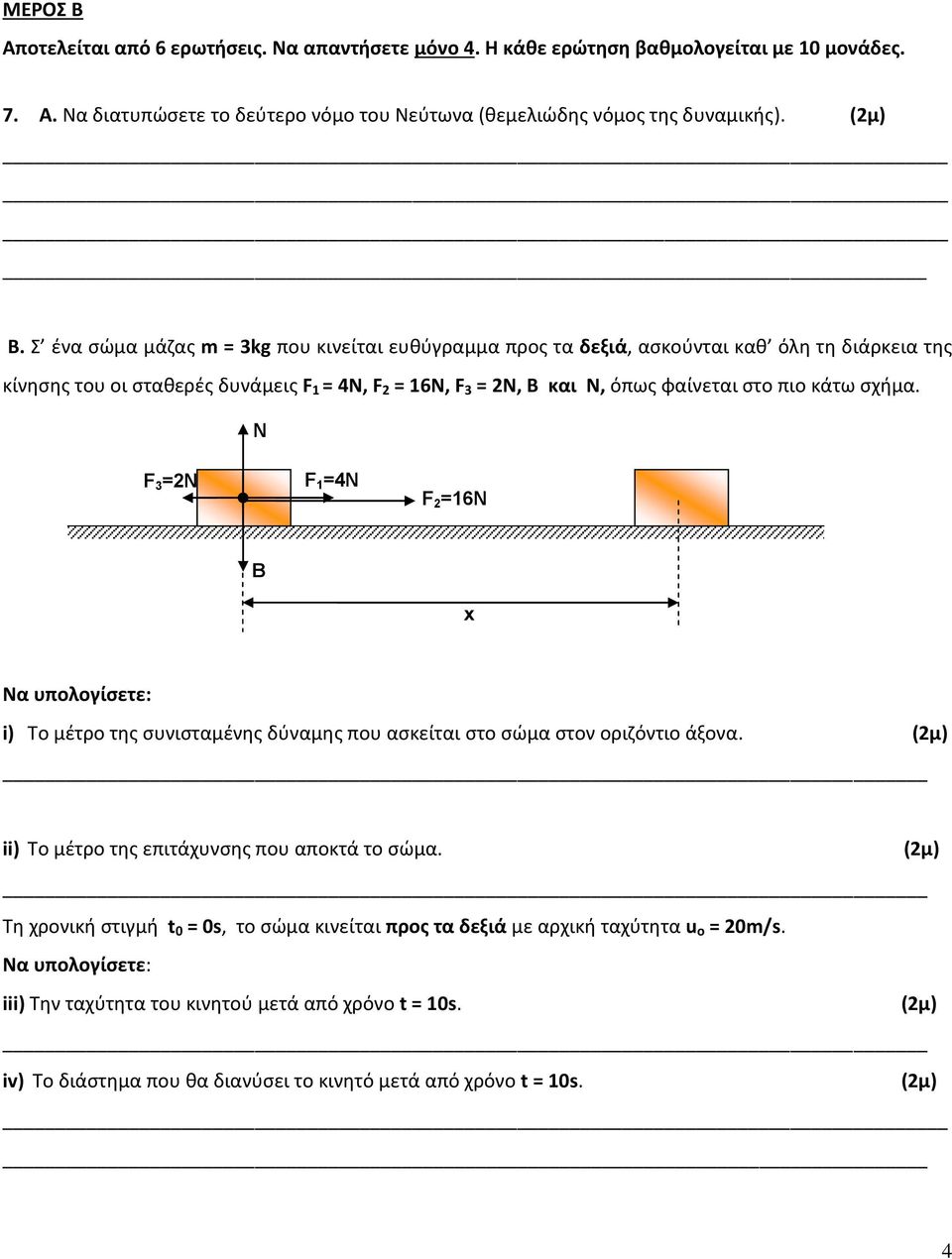 Σ ένα σώμα μάζας m = 3kg που κινείται ευθύγραμμα προς τα δεξιά, ασκούνται καθ όλη τη διάρκεια της κίνησης του οι σταθερές δυνάμεις F 1 = 4N, F 2 = 16N, F 3 = 2N, Β και Ν, όπως φαίνεται στο πιο κάτω