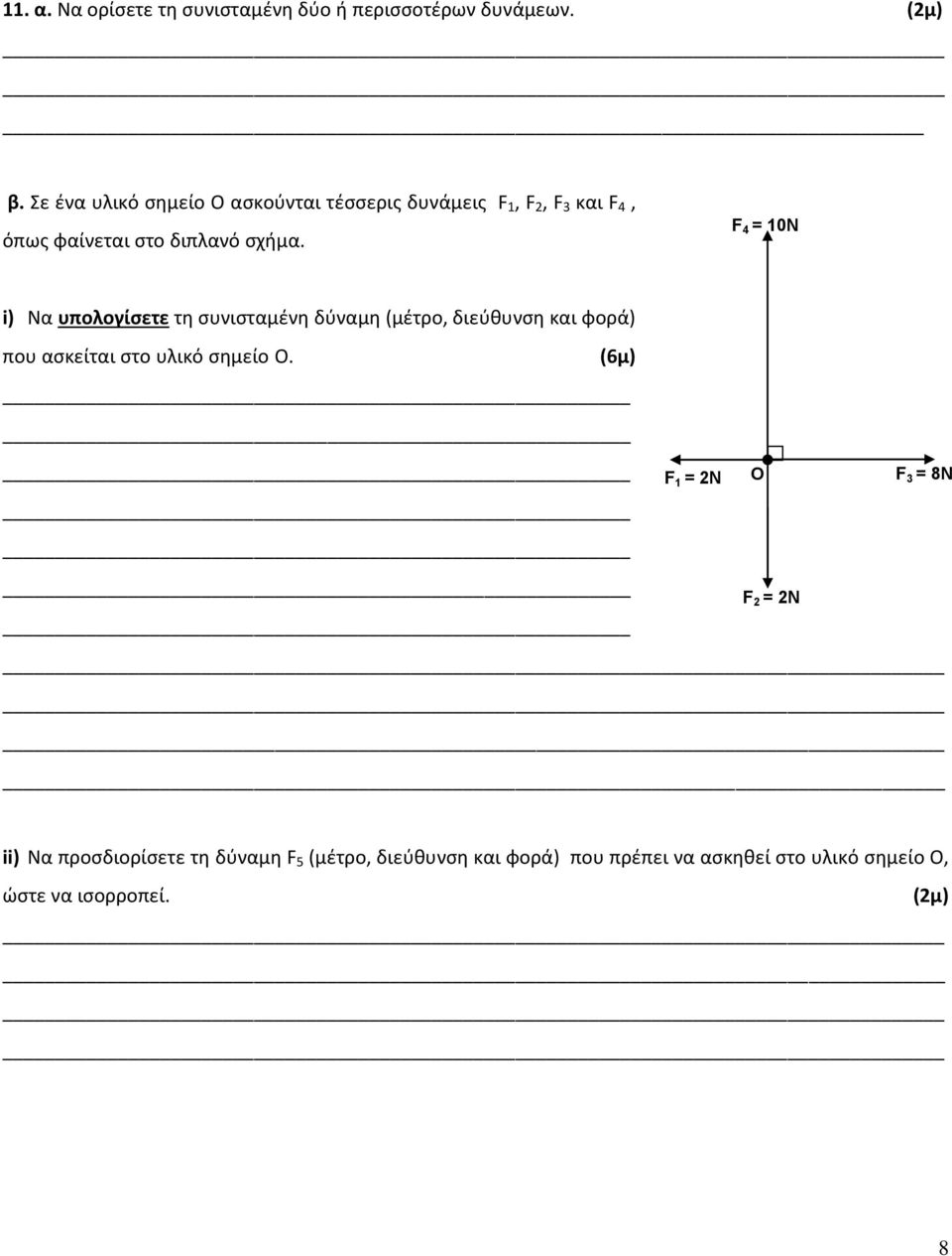 F 4 = 10N i) Να υπολογίσετε τη συνισταμένη δύναμη (μέτρο, διεύθυνση και φορά) που ασκείται στο υλικό σημείο Ο.