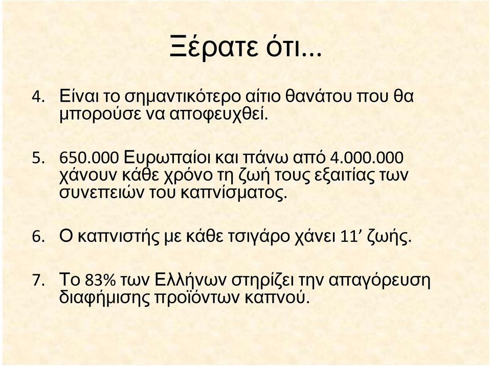 000 Ευρωπαίοι και πάνω από 4.000.000 χάνουν κάθε χρόνο τη ζωή τους εξαιτίας των συνεπειών του καπνίσματος.