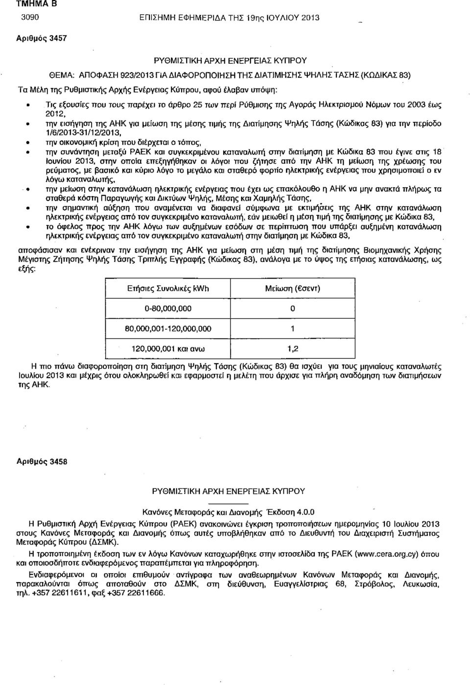 την εισήγηση της ΑΗΚ για μείωση της μέσης τιμής της Διατίμησης Ψηλής Τάσης (Κώδικας 83) για την περίοδο 1/6/2013-31/12/2013, την οικονομική κρίση που διέρχεται ο τόπος, την συνάντηση μεταξύ ΡΑΕΚ και