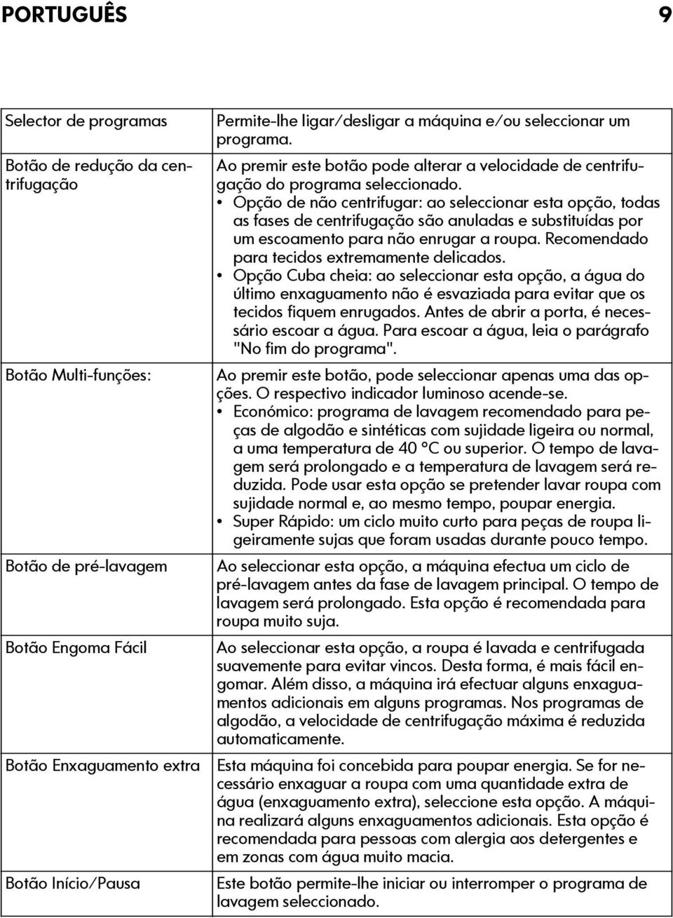 Opção de não centrifugar: ao seleccionar esta opção, todas as fases de centrifugação são anuladas e substituídas por um escoamento para não enrugar a roupa.