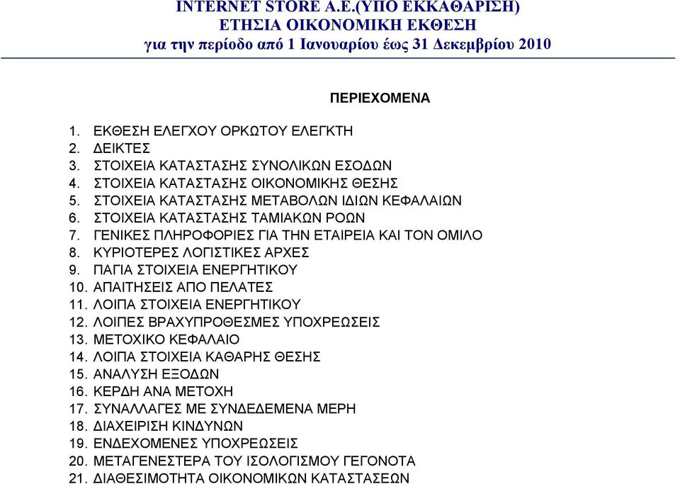 ΠΑΓΙΑ ΣΤΟΙΧΕΙΑ ΕΝΕΡΓΗΤΙΚΟΥ 10. ΑΠΑΙΤΗΣΕΙΣ ΑΠΟ ΠΕΛΑΤΕΣ 11. ΛΟΙΠΑ ΣΤΟΙΧΕΙΑ ΕΝΕΡΓΗΤΙΚΟΥ 12. ΛΟΙΠΕΣ ΒΡΑΧΥΠΡΟΘΕΣΜΕΣ ΥΠΟΧΡΕΩΣΕΙΣ 13. ΜΕΤΟΧΙΚΟ ΚΕΦΑΛΑΙΟ 14.