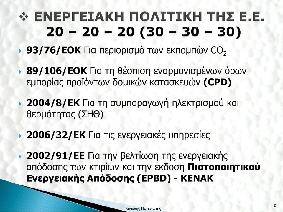 θερμότητας (ΣΗΘ) 2006/32/ΕΚ Για τις ενεργειακές υπηρεσίες 2002/91/EΕ Για την βελτίωση της